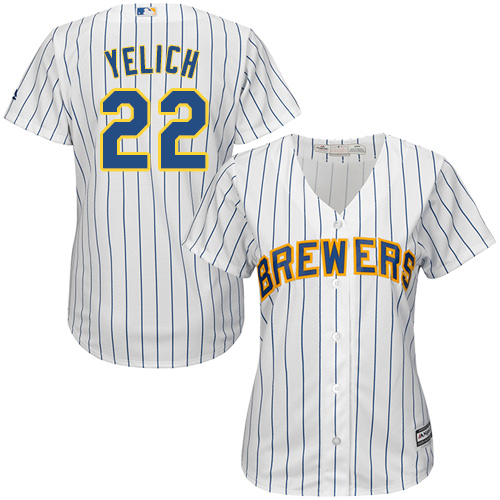 Milwaukee Brewers #22 Christian Yelich White Strip Home Women's Stitched MLB Jersey