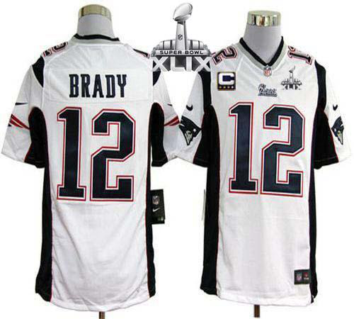 Nike New England Patriots #12 Tom Brady White With C Patch Super Bowl XLIX Men's Stitched NFL Game Jersey