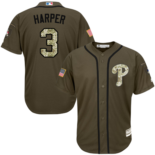 Men's Philadelphia Phillies #3 Bryce Harper Green Salute to Service Stitched Baseball MLB Jersey