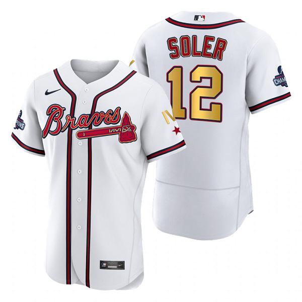 Men's Atlanta Braves Jorge Soler White 2022 Gold Program 4-Time World Series Champions Flex Base Jersey