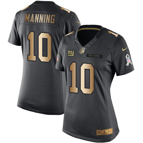 Nike New York Giants #10 Eli Manning Black Women's Stitched NFL Limited Gold Salute to Service Jersey