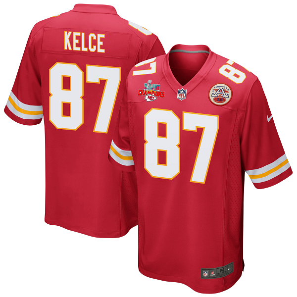 Travis Kelce #87 Kansas City Chiefs Super Bowl LVII Champions 3 Stars Men's Game Red NFL Jersey