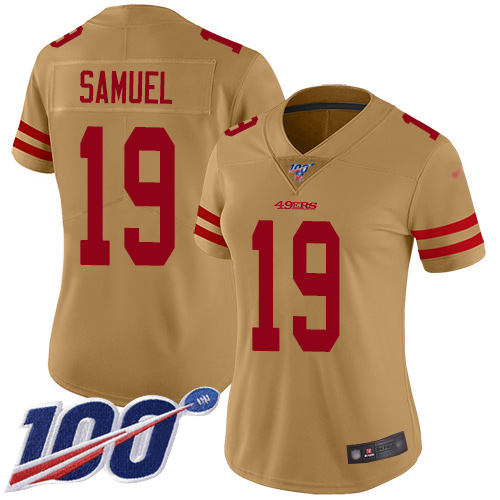 Women's San Francisco 49ers #19 Deebo Samuel GoldStitched NFL Limited Inverted Legend 100th Season Jersey