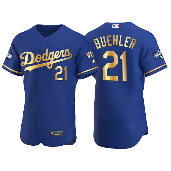 Men's #21 Walker Buehler Los Angeles Dodgers 2021 Gold Program Royal World Series Champions Jersey