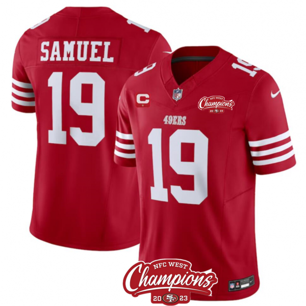 Men's San Francisco 49ers #19 Deebo Samuel Red 2023 F.U.S.E. With 1-star C Patch And NFC West Champions Patch Stitched NFL Jersey