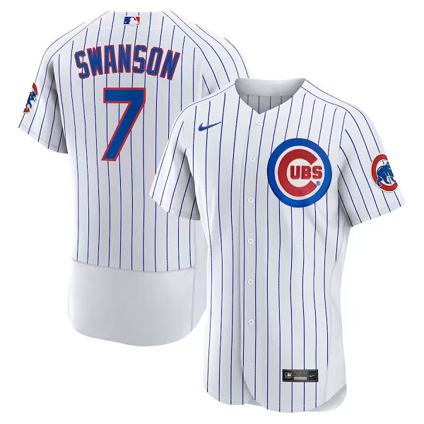 Men's Chicago Cubs #7 Dansby Swanson Nike White/Royal Home Flex Base Jersey