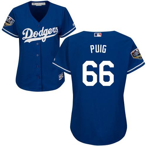 Los Angeles Dodgers #66 Yasiel Puig Blue Alternate 2018 World Series Women's Stitched MLB Jersey