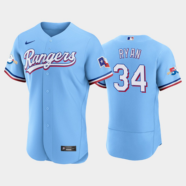 Men's Texas Rangers #34 Nolan Ryan 50th Anniversary Alternate Light Blue MLB Flex Base Jersey