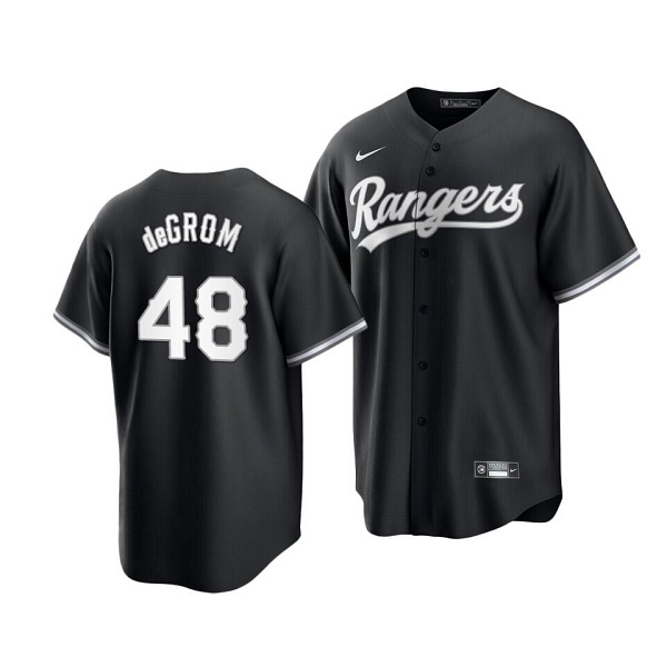 Men's Texas Rangers #48 Jacob deGrom Black White Jersey