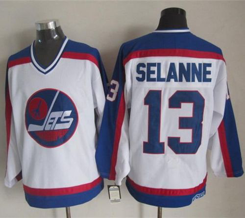 Winnipeg Jets #13 Teemu Selanne White/Blue CCM Throwback Stitched NHL Jersey