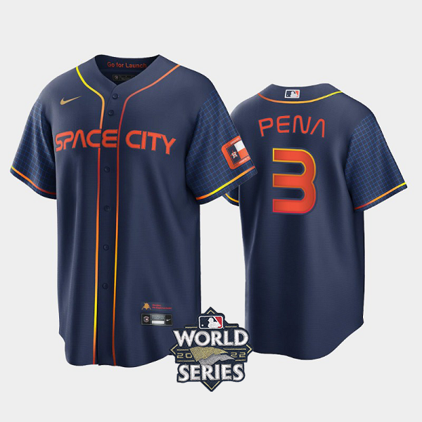 Men's 2022 City Connect Houston Astros #3 Jeremy Pena Cool Base Navy MLB Jersey with 2022 World Series Patch